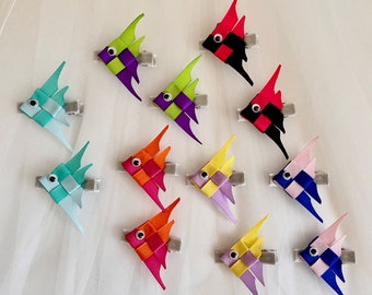 Juego de pinzas para el cabello con forma de peces tropicales: lazos de cinta grosgrain