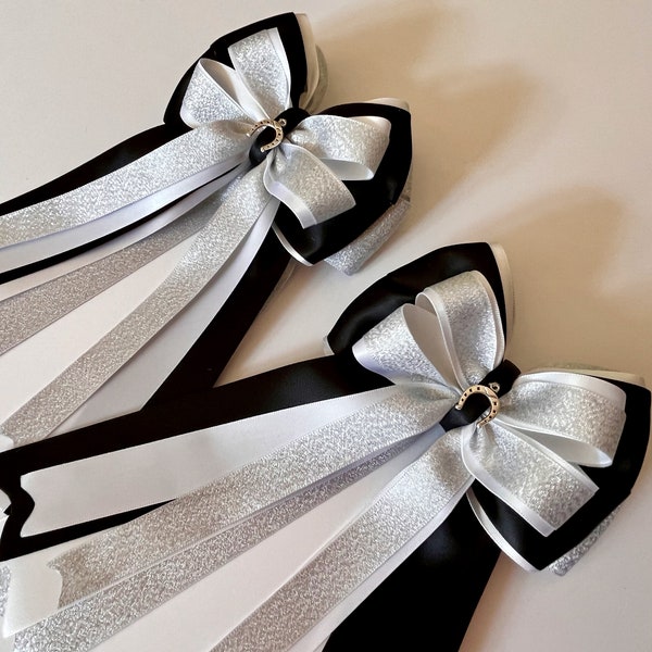 Silver Shimmer, Black and White Horse Show Bows, Equestrian Show Bows, Girl's Show Bows, Horseback Riding Bows, Horse Bows, Pony Bows