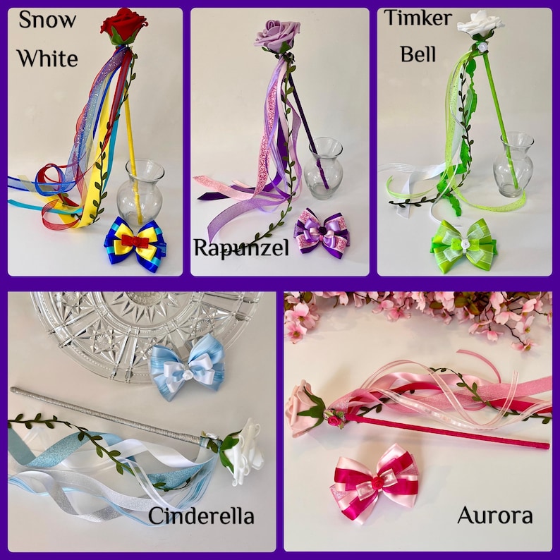 May include: A set of 6 princess-themed wands with coordinating bows. The wands are made with a wooden dowel, ribbon, and a flower. The bows are made with ribbon and are in a variety of colors. The wands are labeled with the names of the princesses: Snow White, Rapunzel, Tinker Bell, Cinderella, and Aurora.