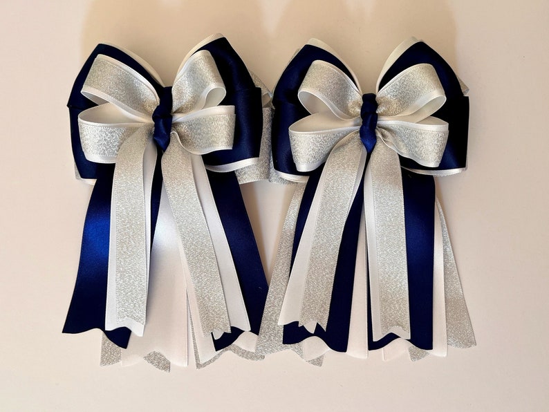 Silver Shimmer, Navy and White Horse Show Bows, Equestrian Show Bows, Pony Bows, Horseback Riding Bows image 3