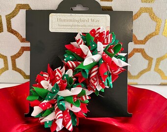 Christmas Korker Hair Bow Clip Set, Curly Hair Bows, Girl's Christmas Bows, Red and Green Korker Ribbon Hair Bows