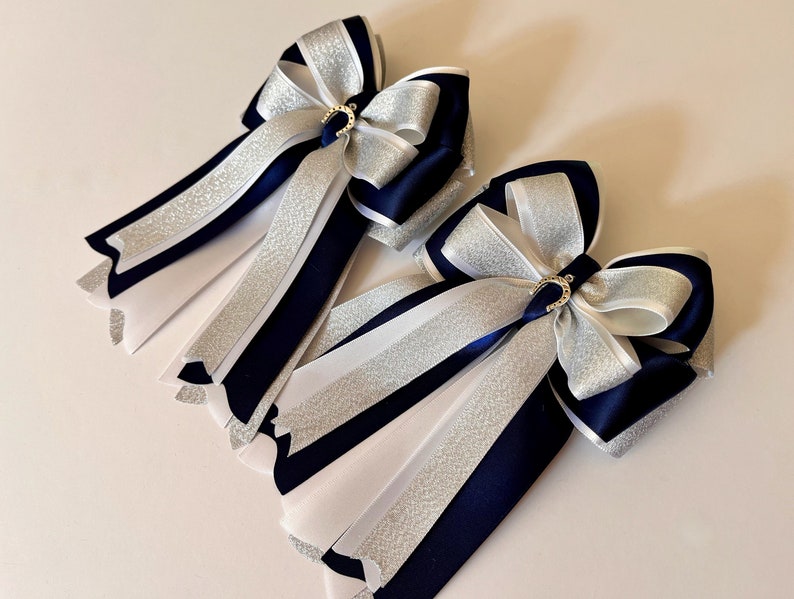 Silver Shimmer, Navy and White Horse Show Bows, Equestrian Show Bows, Pony Bows, Horseback Riding Bows image 2
