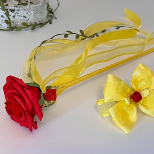 Belle Rose Wand, Beauty & The Beast Inspired Flower Wand and Bow, Red and Yellow Princess Wand, Belle Costume and Bow, Disney Inspired