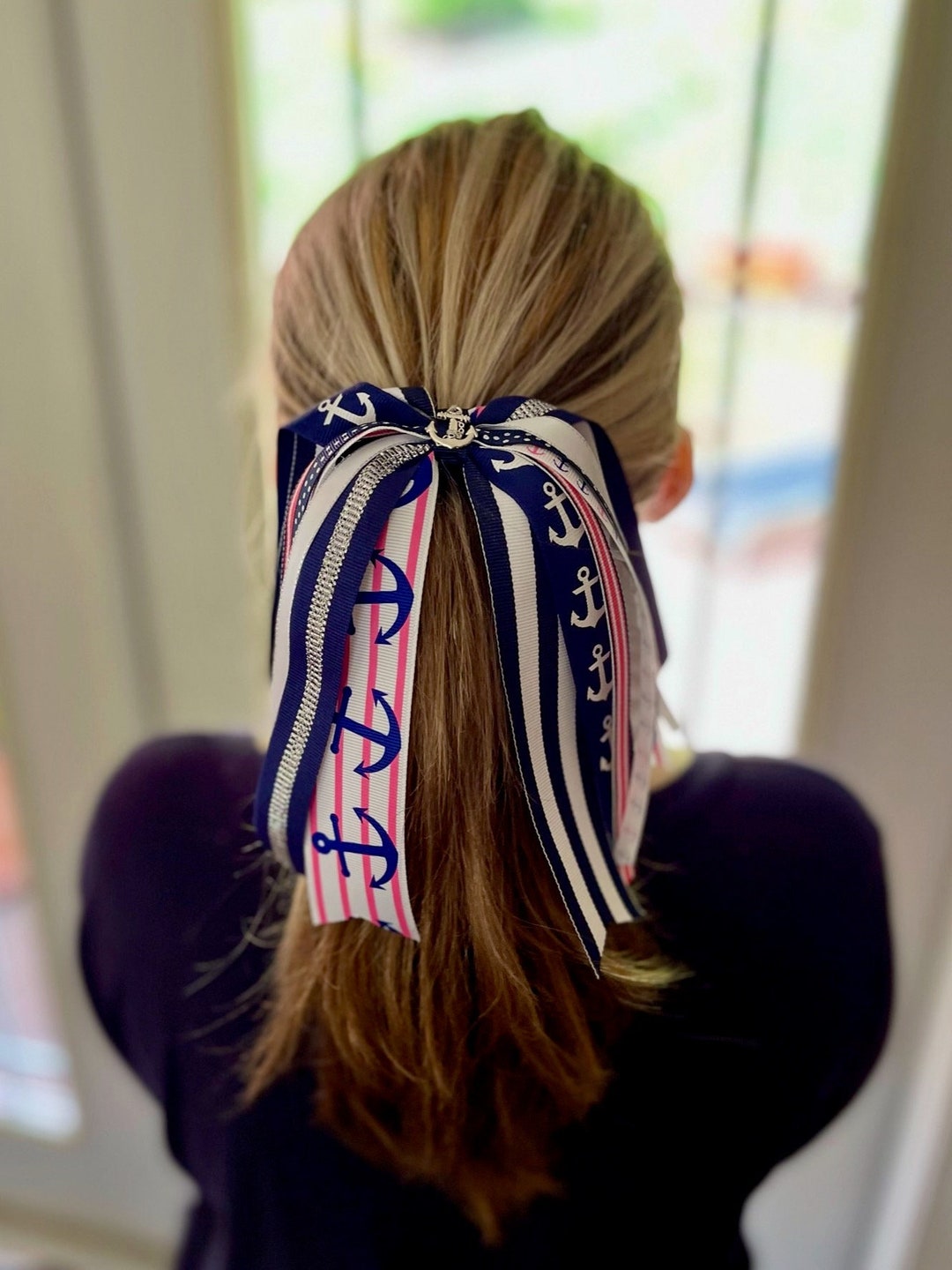 Nautical Anchor Ribbon Ponytail Streamer: Navy, Pink White