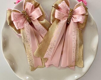 Pink & Gold Rhinestone Horse Show Bows:  Equestrian Competition Bows (Set of 2)