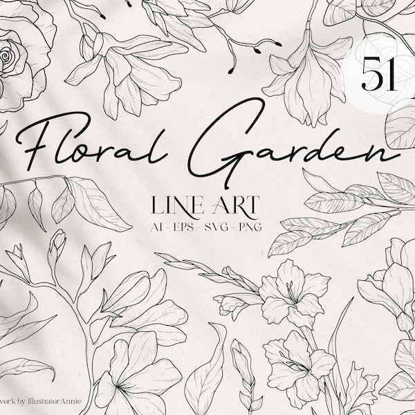 Floral Garden Botanical SVG Line Art Bundle - Floral SVG Bundle - Botanical Line Art SVG - Floral Wreath Svg - Floral Clipart Bundle