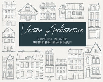 Op de afbeelding: Een set van 10 handgetekende illustraties van huizen in zwart-wit. De illustraties zijn in een eenvoudige, minimalistische stijl en bevatten verschillende architectonische details. De tekst "Vector Architecture" en "10 Houses in SVG, PNG, EPS Files" is in de afbeelding opgenomen.