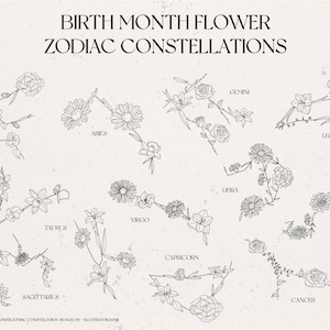 Birth Month Flower Zodiac Constellation Bundle Birth Month Flower SVG Flower Zodiac Drawing Gift For Newborns Commercial Use BM1 image 1