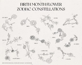 Birth Month Flower Zodiac Constellation Bundle - Birth Month Flower SVG - Flower Zodiac Drawing - Gift For Newborns - Commercial Use- BM1