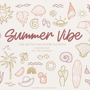 Elementos gráficos vetoriais Summer Vibes - Uso comercial - Tropical Line Art - Line Art SVG - Summer Vibes SVG -Coleção de elementos vetoriais de praia