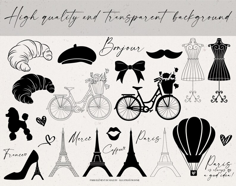 May include: Black and white illustrations of Parisian themed elements, including a croissant, a bicycle, a hot air balloon, the Eiffel Tower, a beret, a bow, a moustache, a dress form, and a poodle. The text "Bonjour", "Merci", "Paris", and "Paris is always a good idea!" is included in the image.