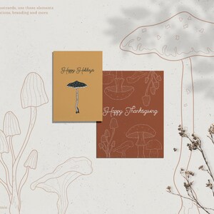 May include: Two printable cards with mushroom illustrations and the text "Happy Holidays" and "Happy Thanksgiving". The cards are on a white background with a mushroom illustration in the corner.