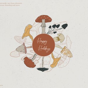 May include: A digital illustration of a circle of mushrooms with the text "Happy Holidays" in the center. The mushrooms are in various shades of brown, orange, and yellow.