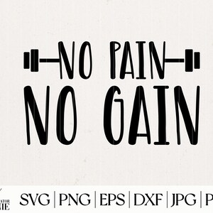 K&ouml;nnte beinhalten: Schwarzwei&szlig;es Grafikdesign mit dem Text "NO PAIN NO GAIN" mit einer Hantel auf jeder Seite des Textes.