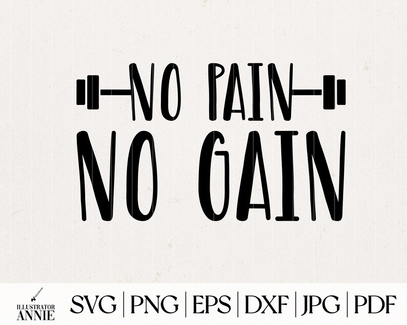 K&ouml;nnte beinhalten: Schwarzwei&szlig;es Grafikdesign mit dem Text "NO PAIN NO GAIN" mit einer Hantel auf jeder Seite des Textes.