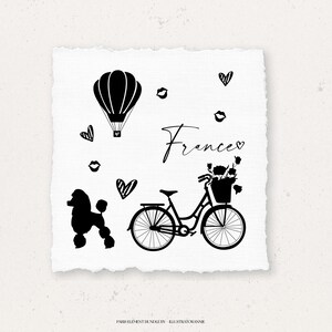 May include: Black and white illustration of a bicycle with a basket of flowers, a hot air balloon, a poodle, and the word "France" with a heart. There are also several hearts and lips scattered around the image.