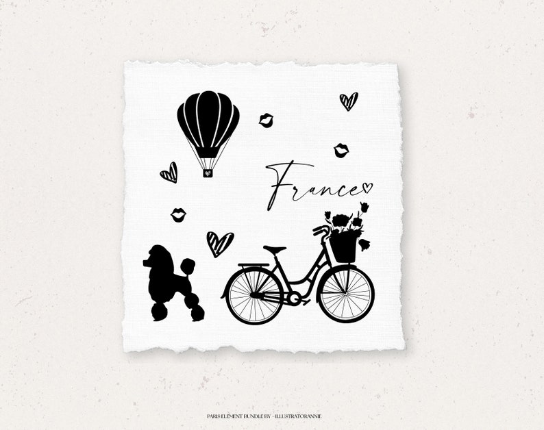 May include: Black and white illustration of a bicycle with a basket of flowers, a hot air balloon, a poodle, and the word "France" with a heart. There are also several hearts and lips scattered around the image.