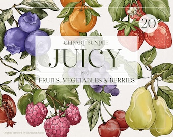 Juicy - Fruit Clipart Bundle - Vegetable Clipart Bundle - Watercolor Clipart Bundle - Watercolor Fruit Bundle - Printable Clipart Bundle