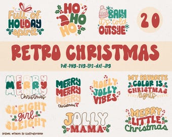 May include: A collection of retro Christmas-themed designs with phrases like "Full of Holiday Spirit," "Ho Ho Ho," and "Merry Christmas." The designs feature festive colors and fonts, perfect for holiday crafts.