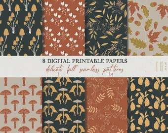 May include: Eight digital printable papers featuring delicate fall seamless patterns. The patterns include mushrooms, leaves, acorns, and flowers in various shades of brown, red, yellow, and green.