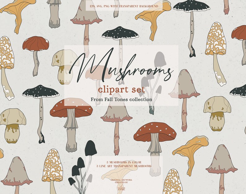 May include: A digital clipart set of various mushrooms in different colors and styles. The mushrooms are illustrated in a whimsical style with a variety of shapes and sizes. The set includes both colored and line art versions of the mushrooms.