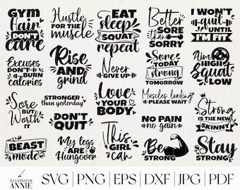 Paquete SVG de entrenamiento - Uso comercial - Citas SVG de entrenamiento - Paquete SVG de gimnasio - Paquete de citas de fitness - Archivos de corte de entrenamiento para Cricut y Silhouette