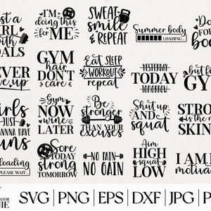 Può includere: Grafica in bianco e nero con citazioni motivazionali sul fitness e l'allenamento. Il testo include frasi come "Just a girl with goals", "Gym hair don't care", "Sweat smile repeat", "Strong is the new skinny", e "I am my motivation".