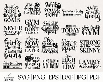 Pacchetto SVG per palestra - Pacchetto SVG per ragazza in palestra - Pacchetto SVG per allenamento - Clipart per allenamento - Design per maglietta per ragazza in palestra - SVG con manubri - SVG per addominali in caricamento