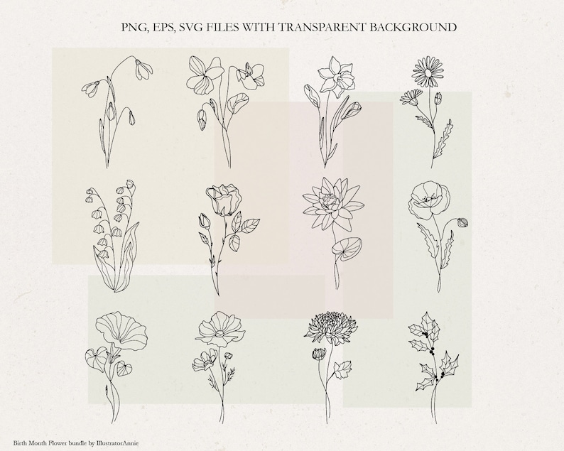 May include: A set of 12 black and white line drawings of flowers, each representing a different month of the year. The flowers are drawn in a simple, minimalist style.