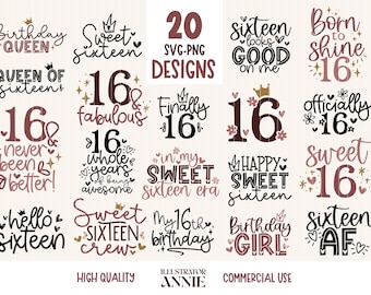 Sweet 16 SVG Bundle – Birthday Girl, Crew, 16 AF Designs (Digital Download)