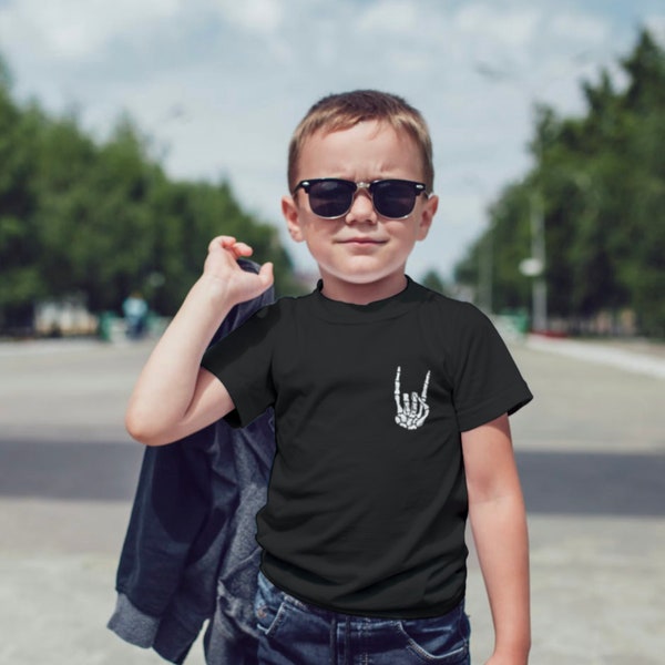 Rock On T-Shirt (Youth) | Unisex Kid Graphic Tee | Punk Skeleton Minimal | Glow Dark | Kids Toddlers | Gifts for Her Him | Easter Spring