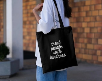 Treat People With Kindness Tote Bag | Friendly Nice Quote  | Black White Holographic | Gift for Her Him | Mother's Day