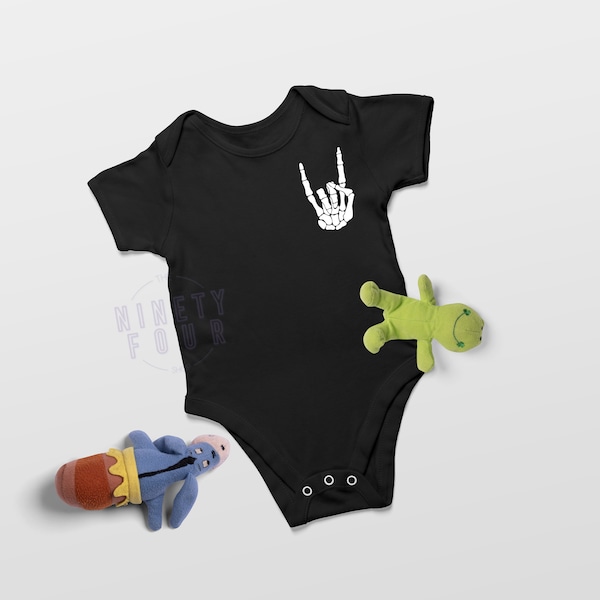 Rock On Outfit (Infant) | Unisex Graphic One Piece | Punk Skeleton Minimal | Baby Shower | Glow Dark | Gifts for Her Him | Mother's Day