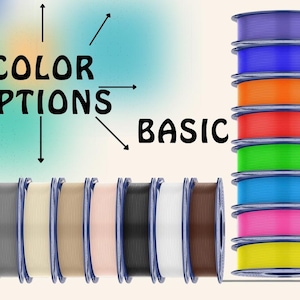 May include: A collection of 3D printer filament spools arranged in a vertical stack and a horizontal row. The spools feature various solid colors including purple, blue, orange, red, green, cyan, pink, yellow, olive, gray, cream, tan, peach, black, white, and brown.