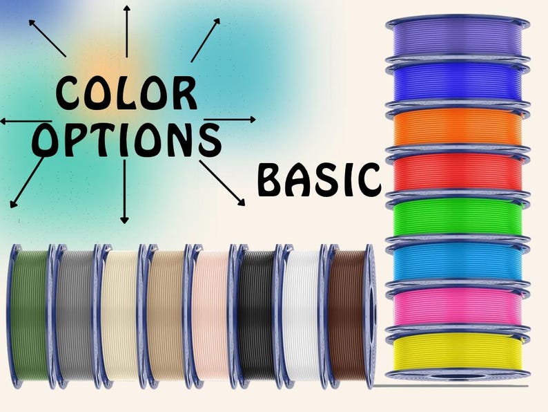 May include: A collection of 3D printer filament spools arranged in a vertical stack and a horizontal row. The spools feature various solid colors including purple, blue, orange, red, green, cyan, pink, yellow, olive, gray, cream, tan, peach, black, white, and brown.