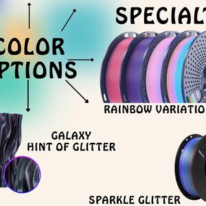 May include: A display of 3D printing filament options featuring text that reads COLOR OPTIONS, SPECIALTY, RAINBOW VARIATIONS, GALAXY HINT OF GLITTER, and SPARKLE GLITTER. The image shows multiple spools of filament in various colors and textures.