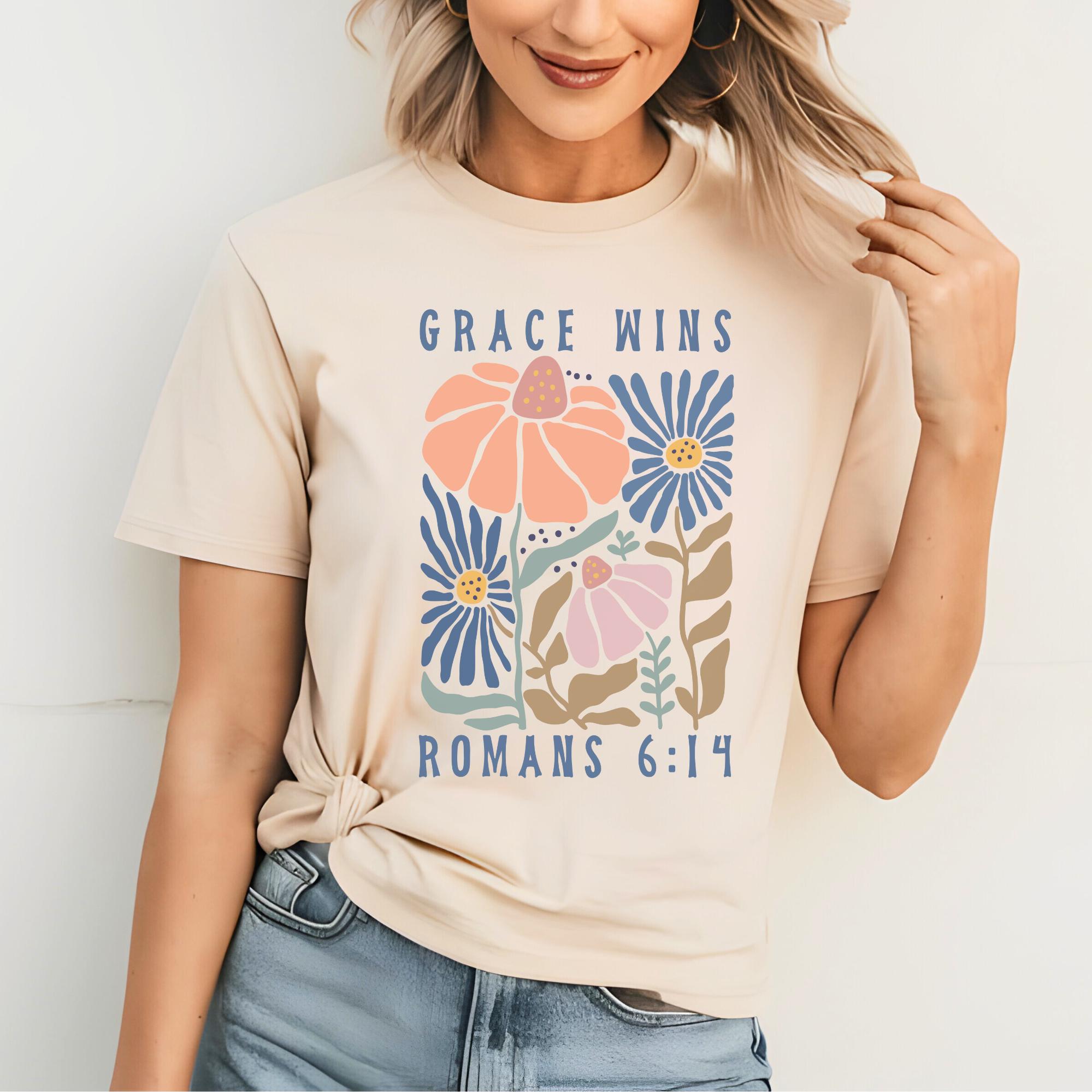 Grace Wins Boho Christian T-Shirt, Romans 6:14, Christian Apparel, Faith-Based Aesthetic Tee, Inspirational Bible Verse Shirt