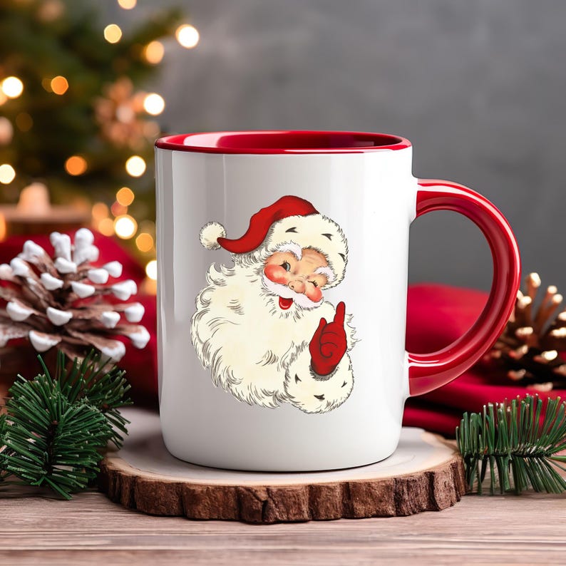 Vintage Santa mug with red handle, right side view