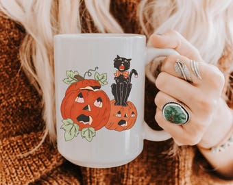 Vintage Halloween Mug, 15 oz mug,  Black Cat and Pumpkins, Halloween Mug, Cute Halloween Mug, Spooky Vibes, Spooky Cute Cup