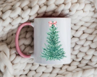 Pink Bow Christmas tree Mug, Pink Christmas, Christmas Coffee Cup, Coffee Cup, Tea, Hot Chocolate