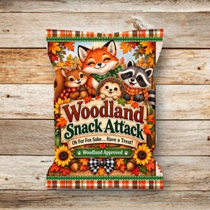 May include: A snack bag featuring a cartoon fox, squirrel, hedgehog, and raccoon surrounded by autumn leaves, sunflowers, and acorns. The text reads Woodland Snack Attack, Oh For Fox Sake... Have a Treat!, and Woodland Approved with a plaid bow.