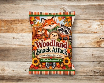 Involucro stampabile per sacchetti di patatine a tema "Attacco di snack nel bosco" / Sacchetto per dolcetti con volpe, procione, scoiattolo e riccio / Download digitale