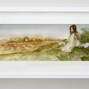 May include: A watercolor painting of a man and a child sitting on a hill overlooking a city. The man is wearing a white robe and the child is wearing a white dress. The city is in the distance and is painted in shades of brown and green.