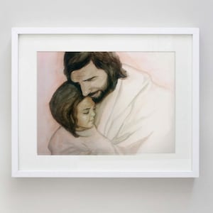 May include: A watercolor painting of a man with a beard and long hair holding a young child. The man is wearing a white robe and the child is wearing a white dress. The background is a soft pink.