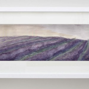 May include: A watercolor painting of a field of lavender flowers. The flowers are a light purple color and are arranged in rows. The background is a soft, hazy blue.