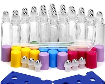 Essential Oil Roller Bottles - 24 Pack - 10 ml - Clear Glass - Multi-color lids