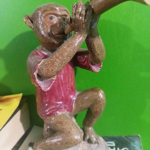 Monkey Clay Pottery Vintage Monkey Playing Horn Statue