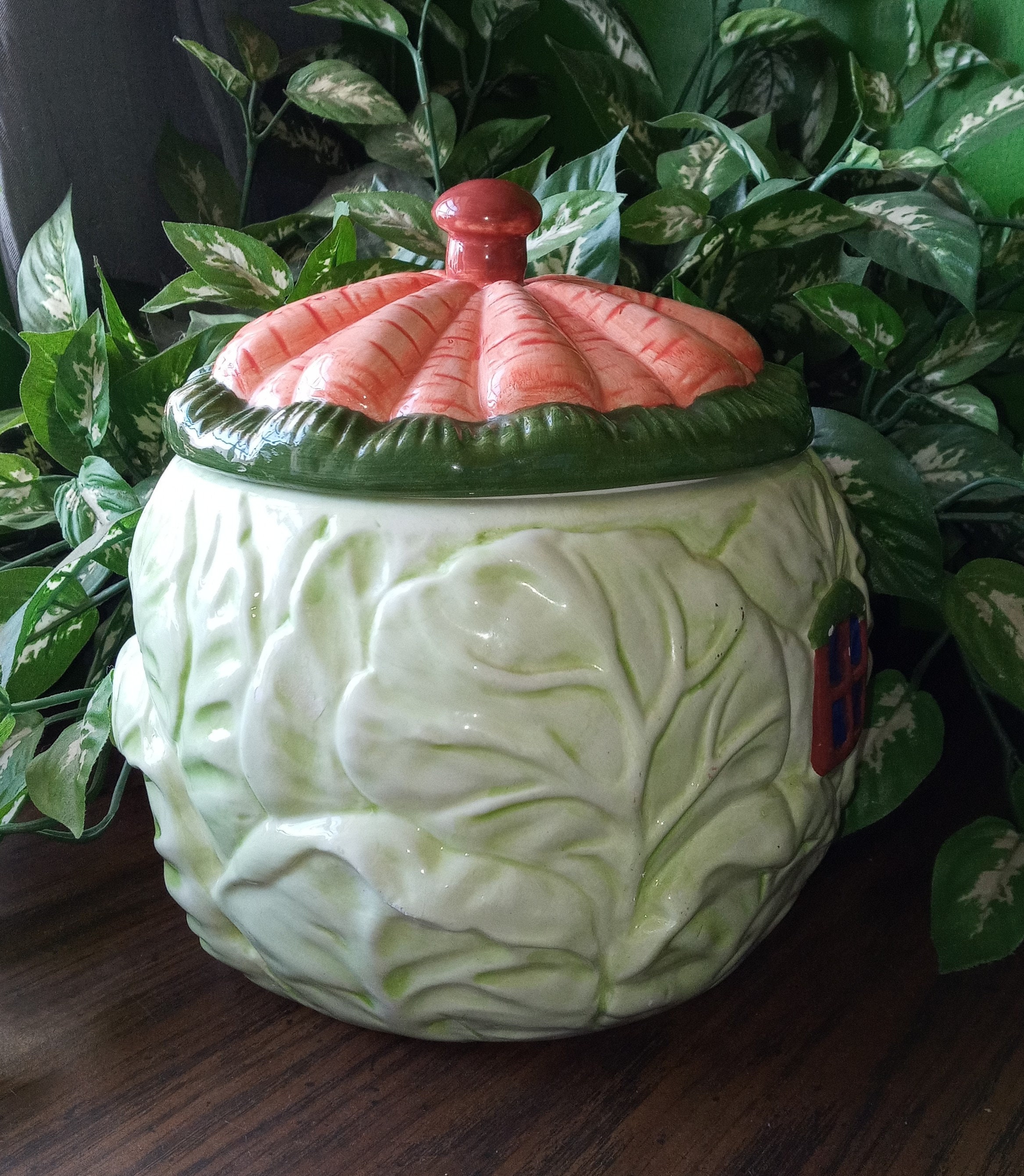 Majolica Cabbage Leaf Cookie Jar Pottery Lettuce Cookie Jar Etsy