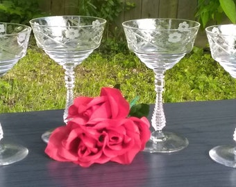 Libbey Rock Sharpe Crystal Floral Champagne Tall Sherbert Glasses Vintage Optic Floral