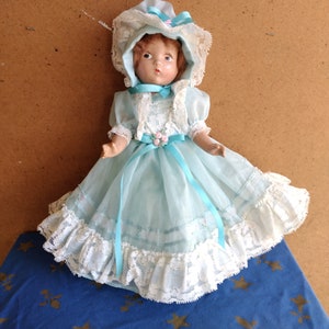 Antique Composite Doll Blue Bonnet Blue Dress Antique